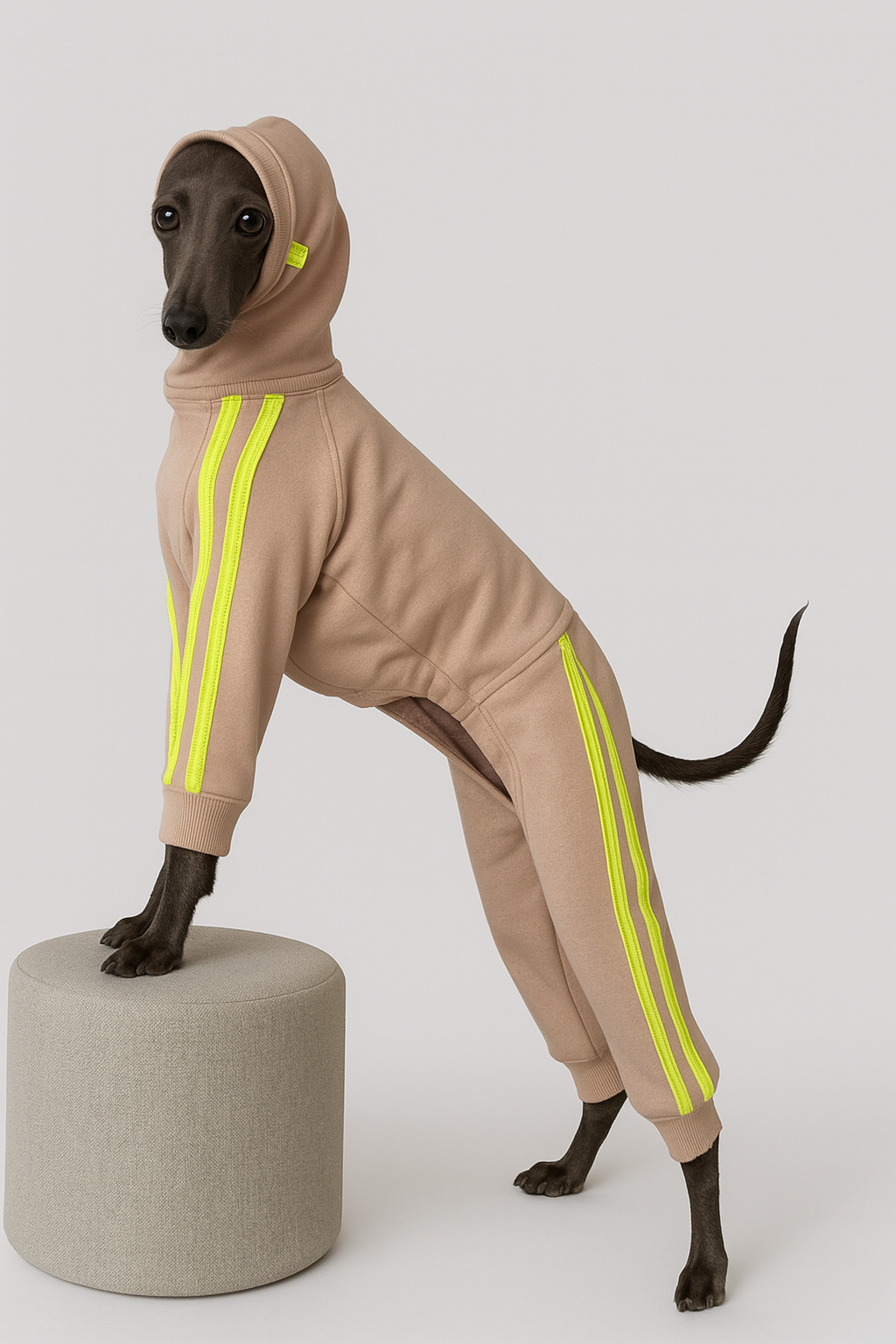 Trainingsanzug beige mit neon gelben Streifen