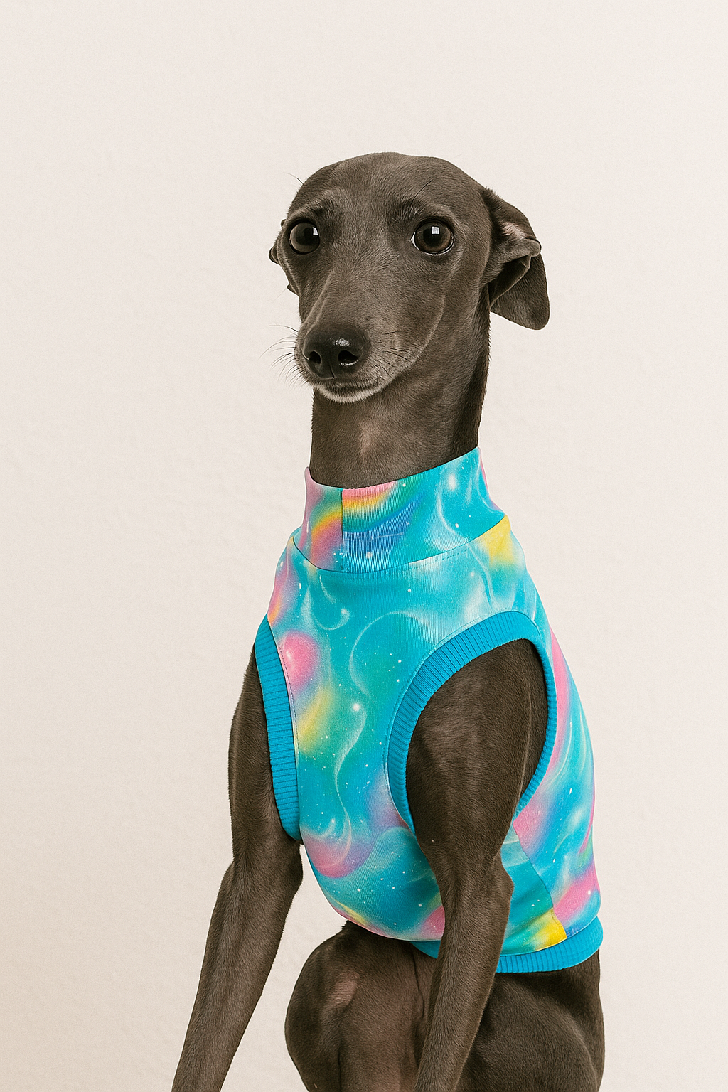 Italienisches Windspiel sitzt auf hellem Hintergrund und trägt ein buntes Galaxy-Shirt mit blauem Bündchen, leuchtenden Farbverläufen in Blau, Pink und Gelb sowie einem feinen Sternenmuster.