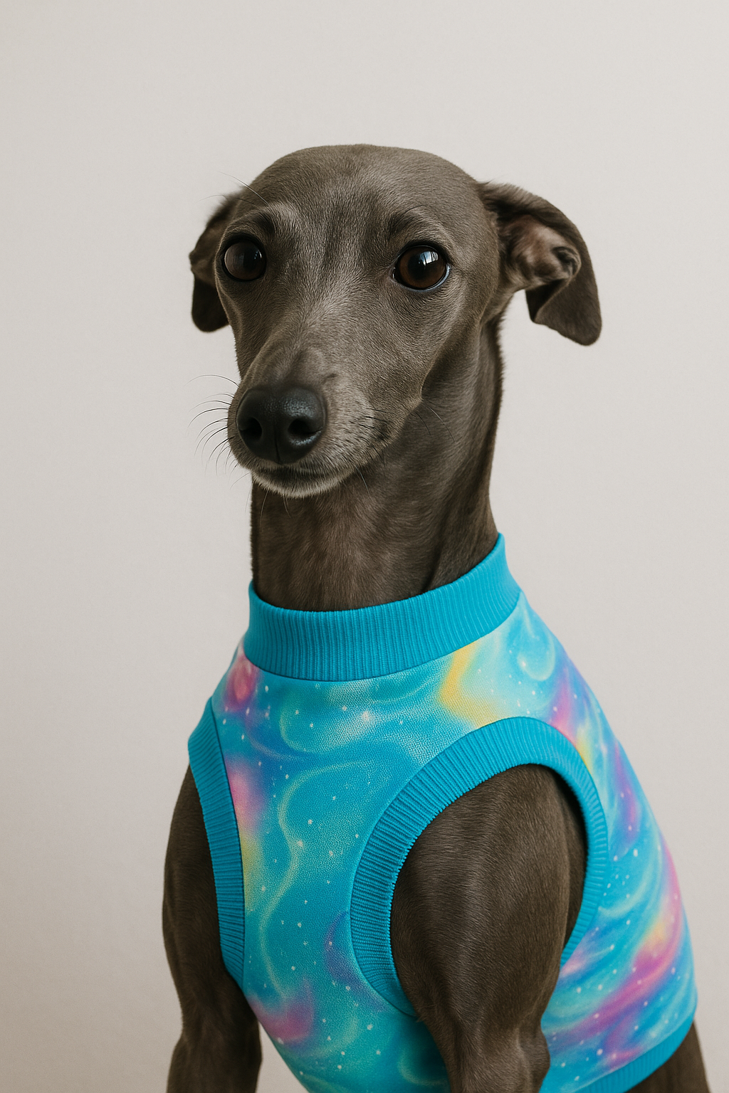 Italienisches Windspiel sitzt auf hellem Hintergrund und trägt ein buntes Galaxy-Shirt mit blauem Bündchen, leuchtenden Farbverläufen in Blau, Pink und Gelb sowie einem feinen Sternenmuster.