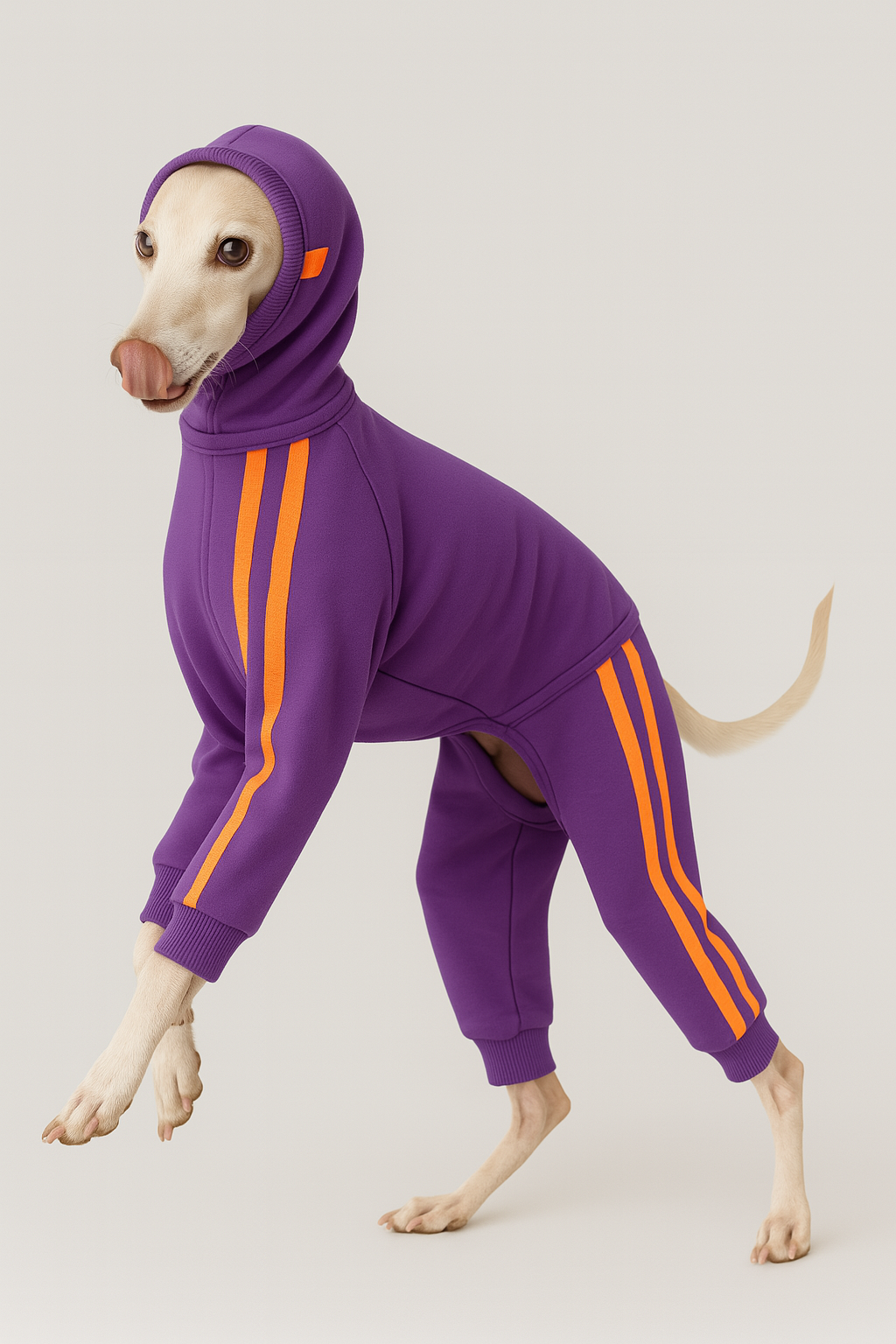 lila Trainingsanzug für italienische Windspiele mit neon orange Streifen