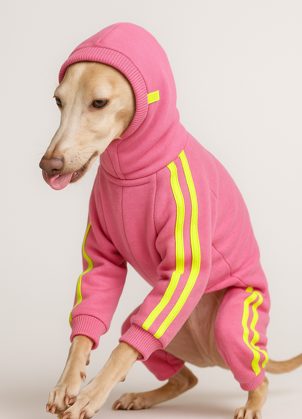 Pinker Trainingsanzug für italienische Windspiele mit neon gelben Streifen