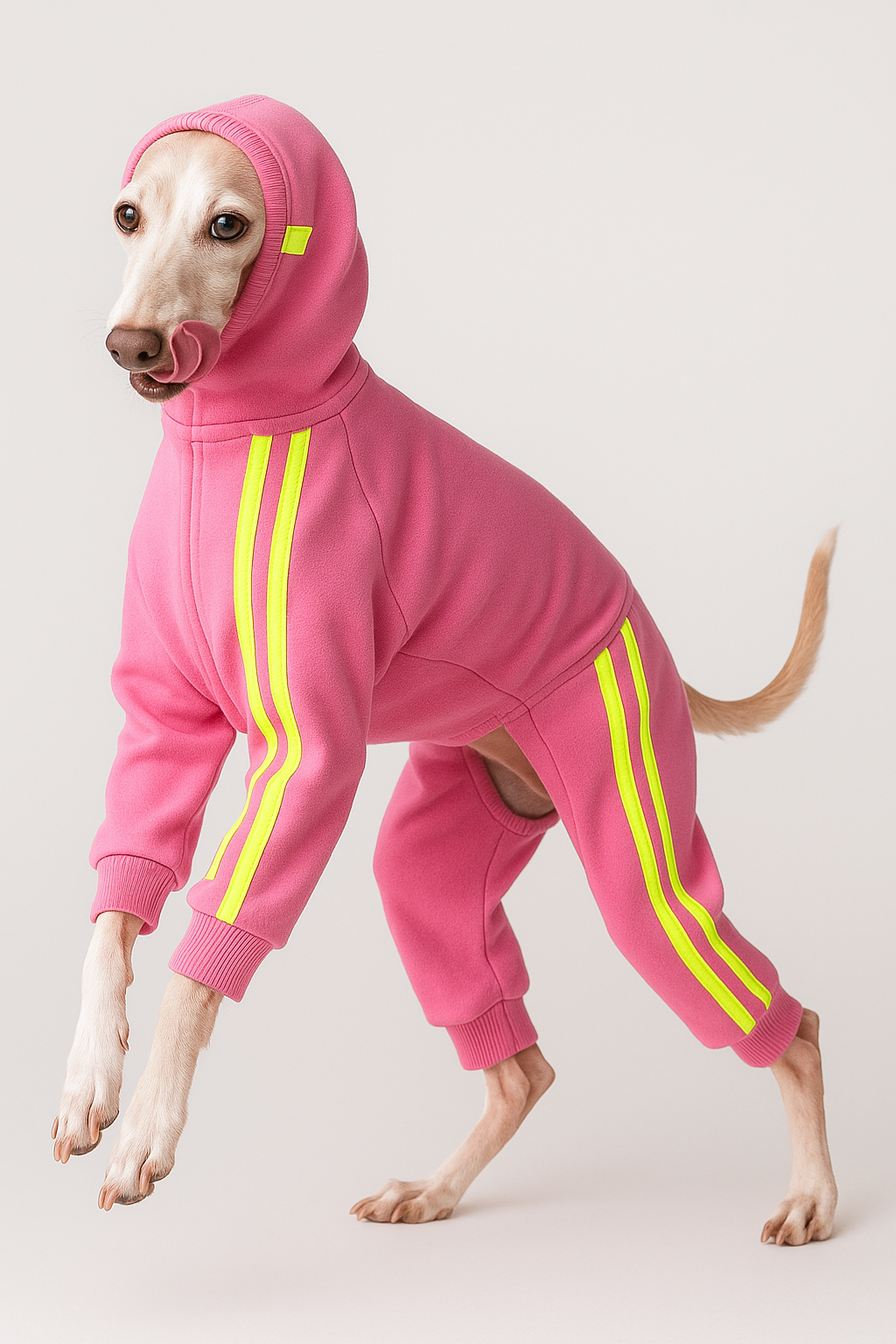 Pinker Trainingsanzug für italienische Windspiele mit neon gelben Streifen