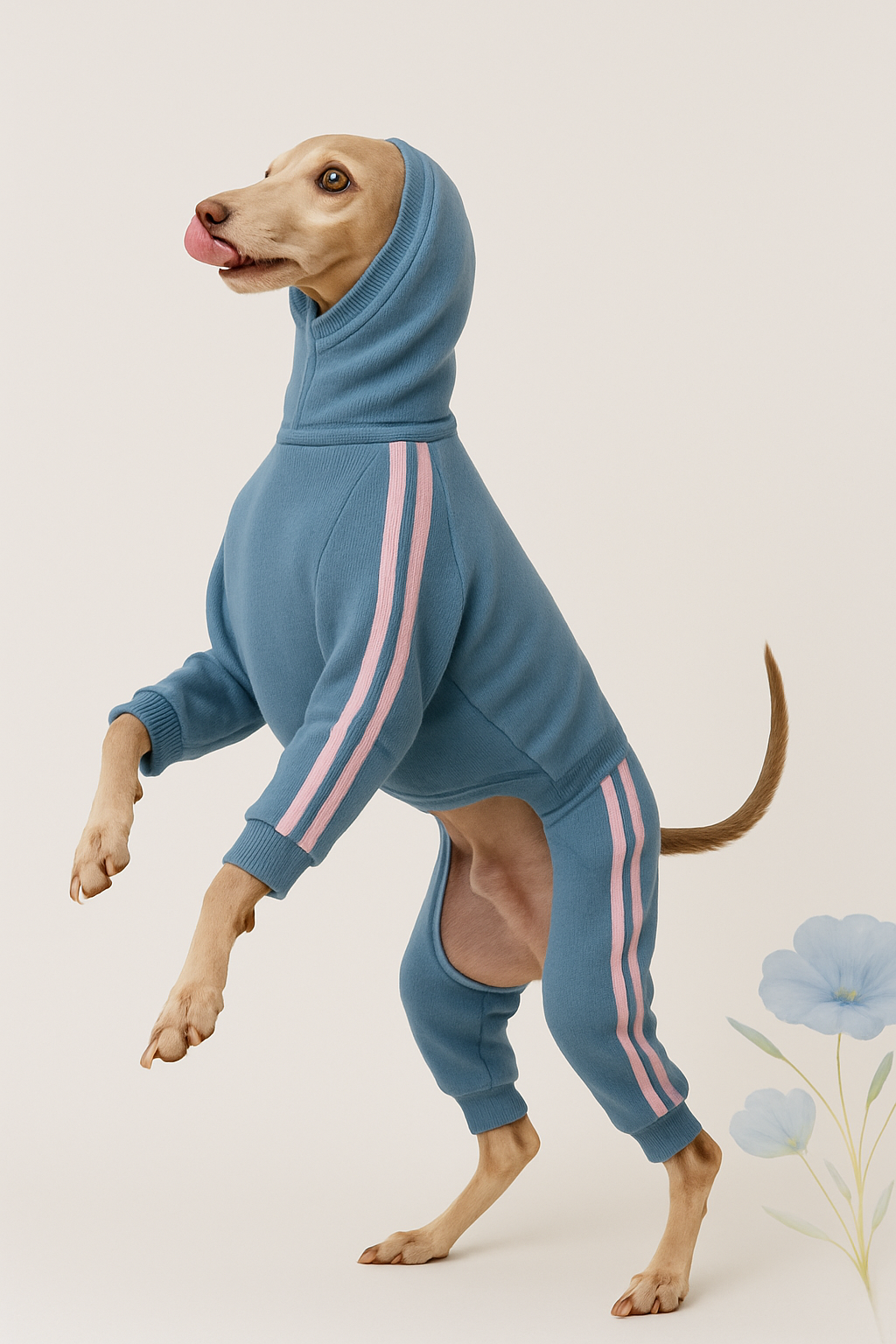 Hellblauer Trainingsanzug für italienische Windspiele mit rosa Streifen