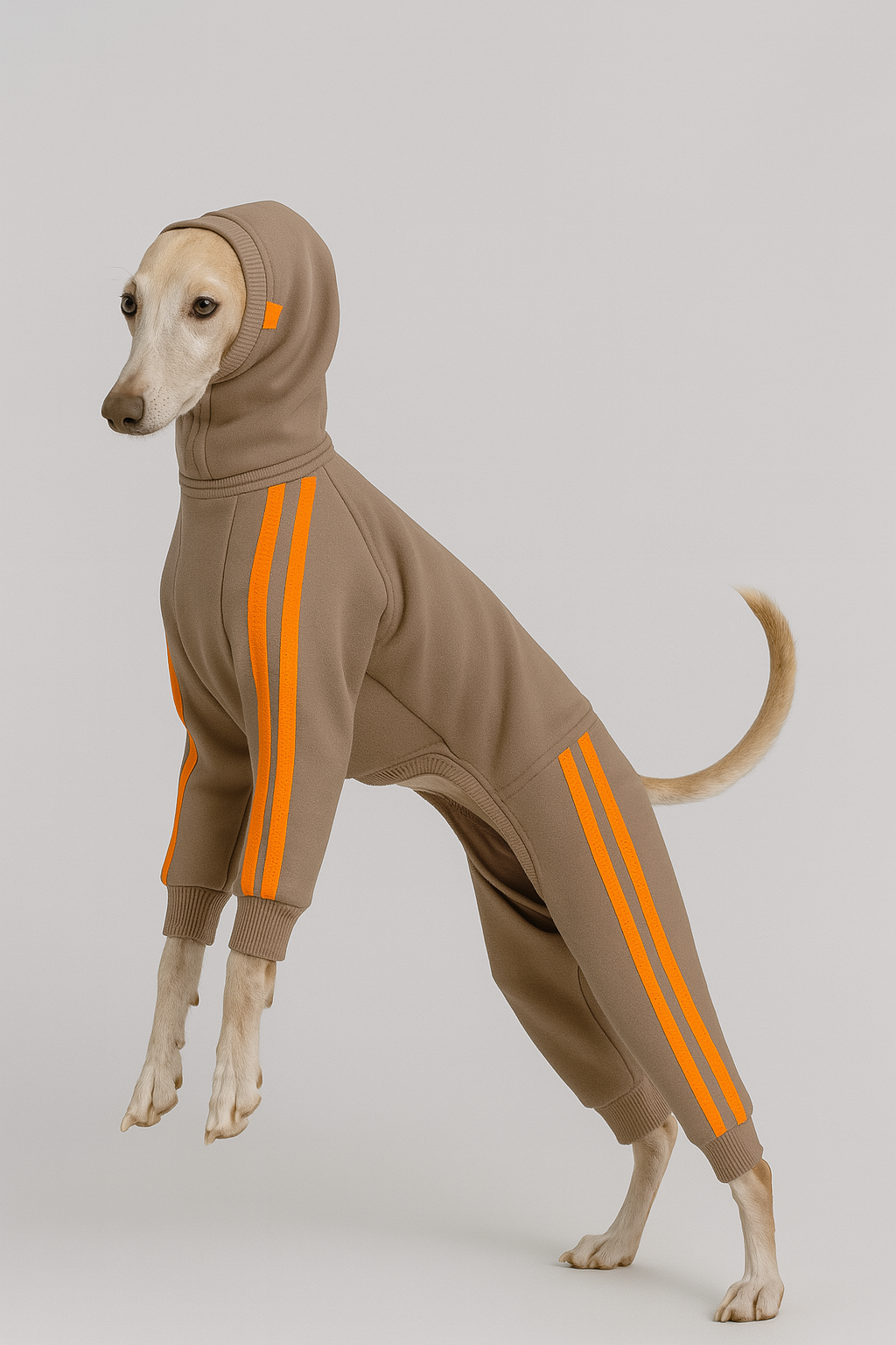 Beiger Trainingsanzug für italienische Windspiele mit neon gelben Streifen