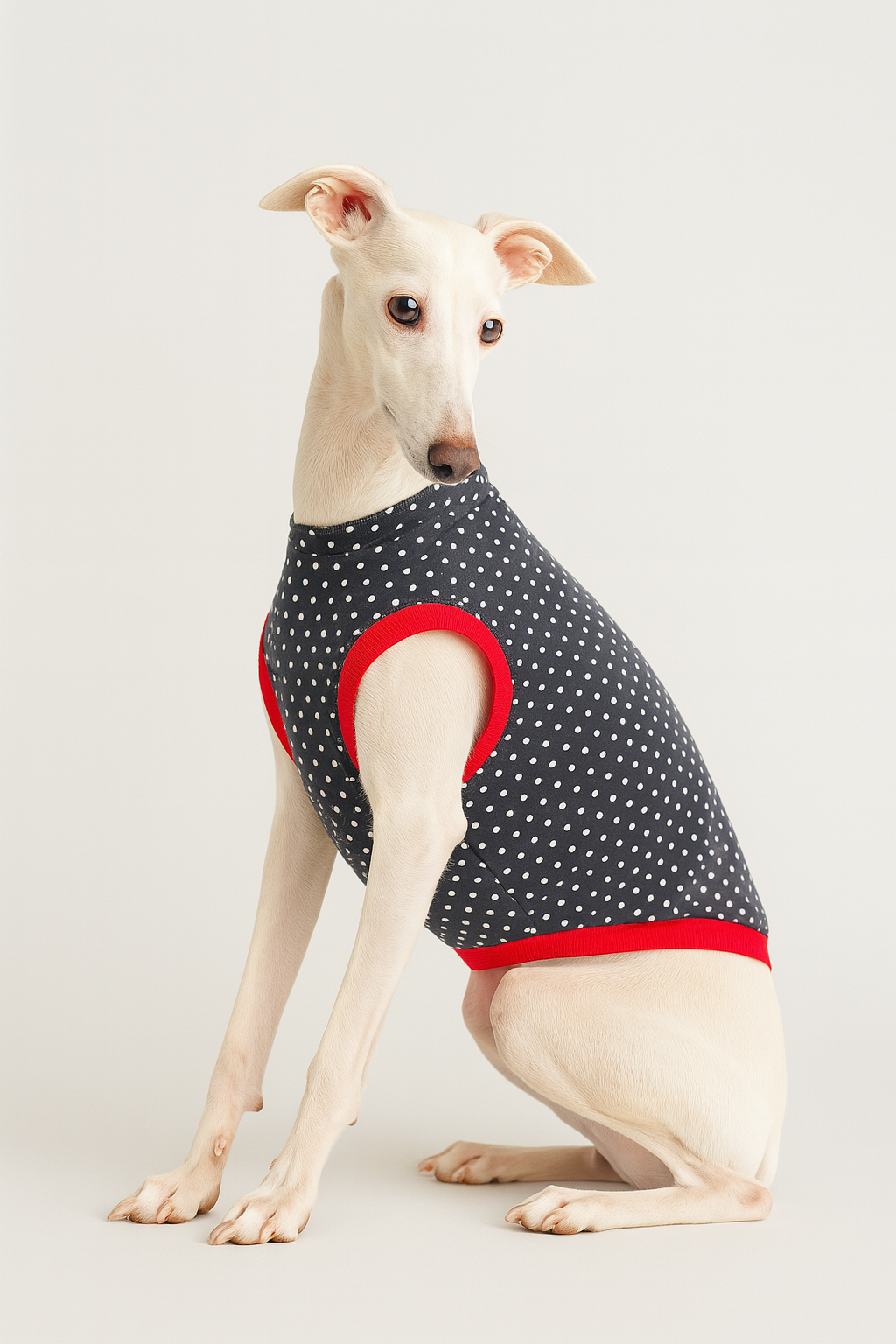 Italienisches Windspiel sitzt auf hellem Hintergrund und trägt ein graues Hundeshirt mit weißen Punkten und leuchtend roten Kontrastbündchen an Hals, Ärmeln und Saum.