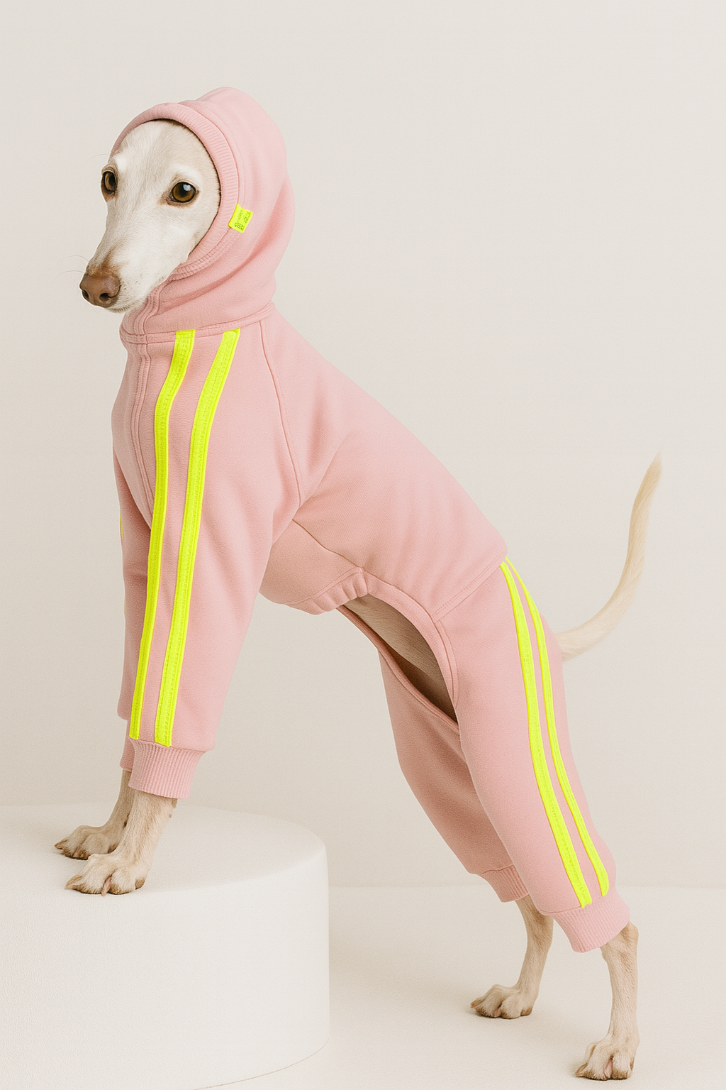 Beiger Trainingsanzug für italienische Windspiele mit neon gelben Streifen