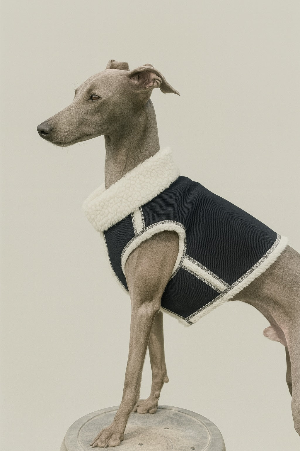 Italienisches Windspiel trägt eine warme Hundeweste mit Teddyfutter in schwarz