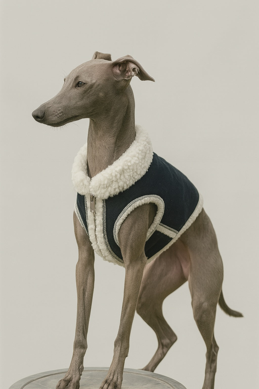 Italienisches Windspiel trägt eine warme Hundeweste mit Teddyfutter in schwarz