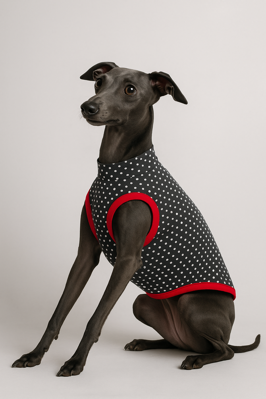 Italienisches Windspiel sitzt auf hellem Hintergrund und trägt ein graues Hundeshirt mit weißen Punkten und leuchtend roten Kontrastbündchen an Hals, Ärmeln und Saum.