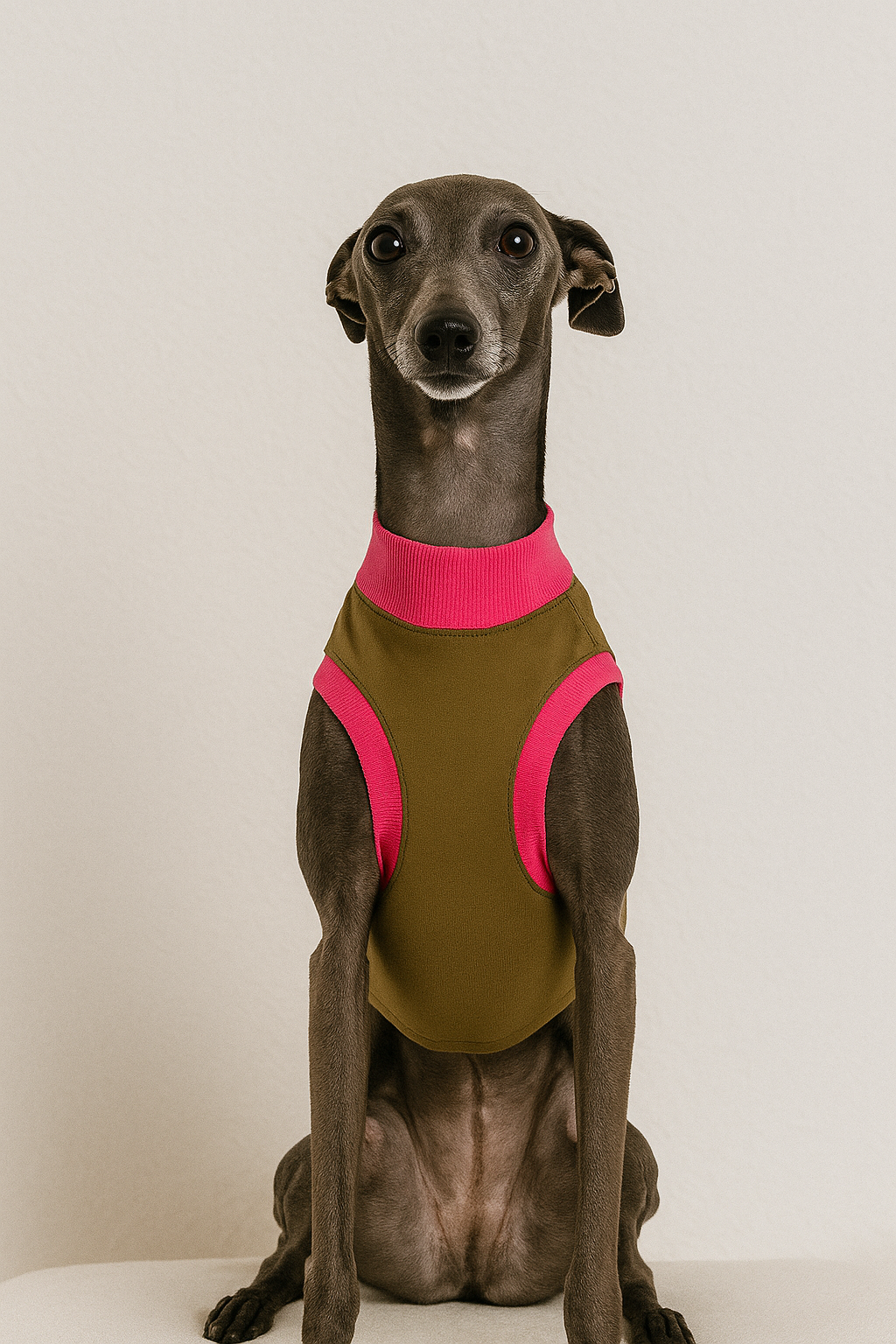 Italienisches Windspiel sitzt auf hellem Hintergrund und trägt ein kaki-farbenes Hundeshirt mit pinkem Kontrastbündchen am Hals und an den Ärmelausschnitten